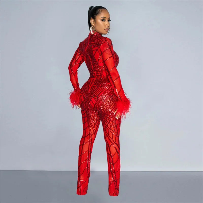 Znaiml Feather Long Sleeve Sequins Bodycon Jumpsuit Women Bodysuit Mesh See Through One Piece Overalls Birthday Party Outfits