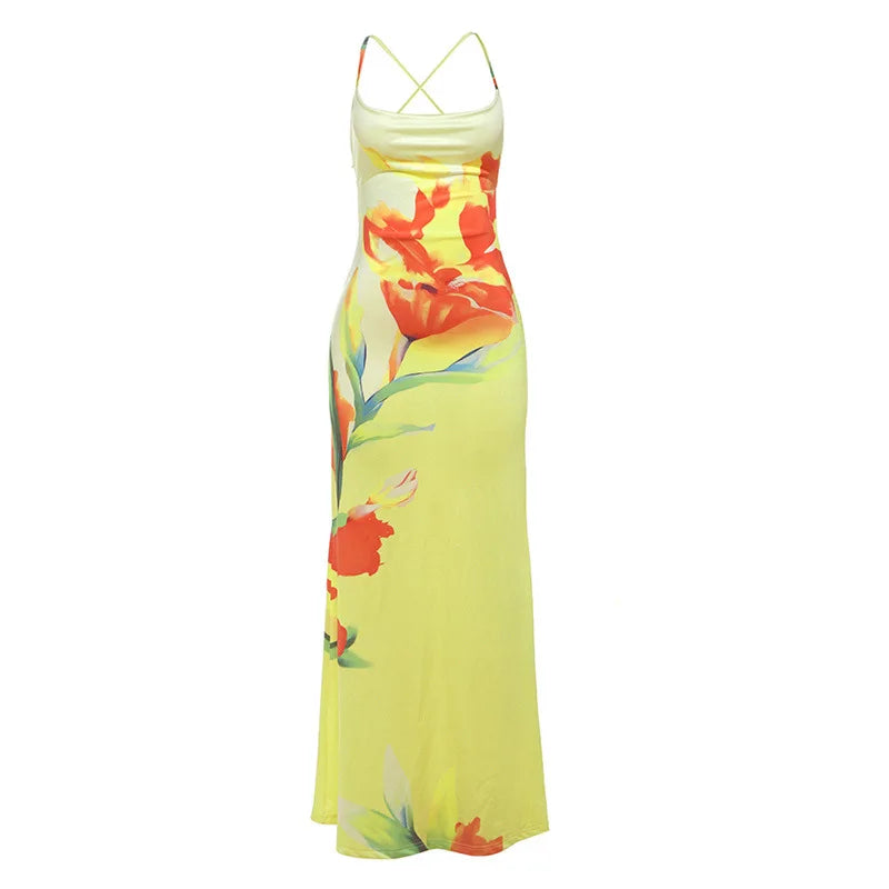 GLCMYAYA Women Floral Printed Bodycon Midi Backless Satin Maxi Long Dress 2025 Vacation Holiday Party Birthday Dresses Vestidos