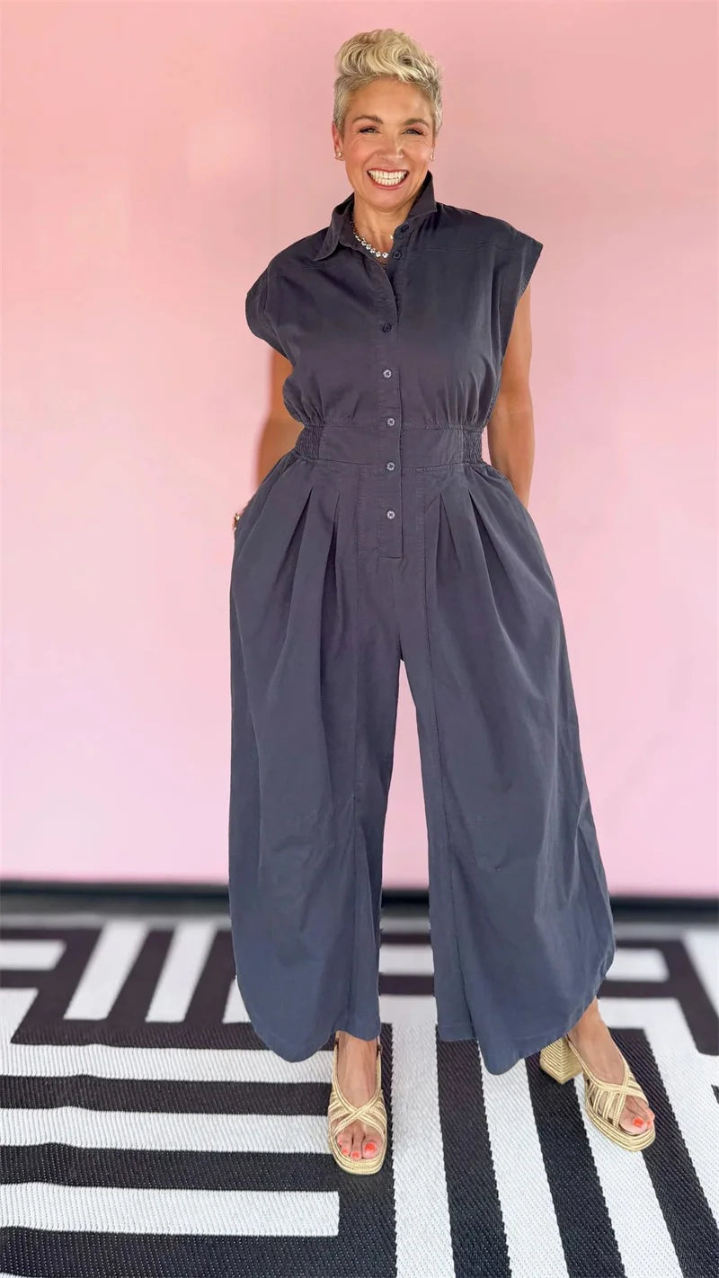 Doyerl Solid Casual Summer Jumpsuit Woman Clothing Turn-down Collar Button Up Sleeveless Loose Rompers One Piece Overalls 2025