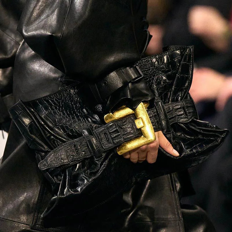 Women's Pleated Motorcycle Bag Trendy Belt Buckle Shoulder Bag Brand Design Fashion Large Capacity Texture Underarm Bag Tote Bag