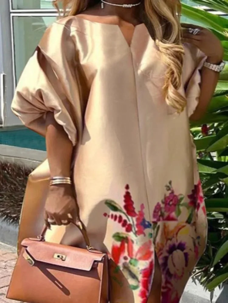 Beautyblue Plus Size Women's Clothing Robe De Soiree Femmes Elegant Floral Printed Boat Neck Puff Sleeves Oversized Maxi Dress