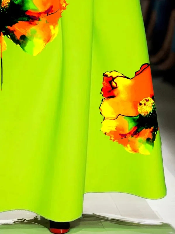 Beautyblue French Elegant Green Umbrella Skirt Fashion Long Skirts for Women Elegant Flower Print Casual Pockets Bottoms Female