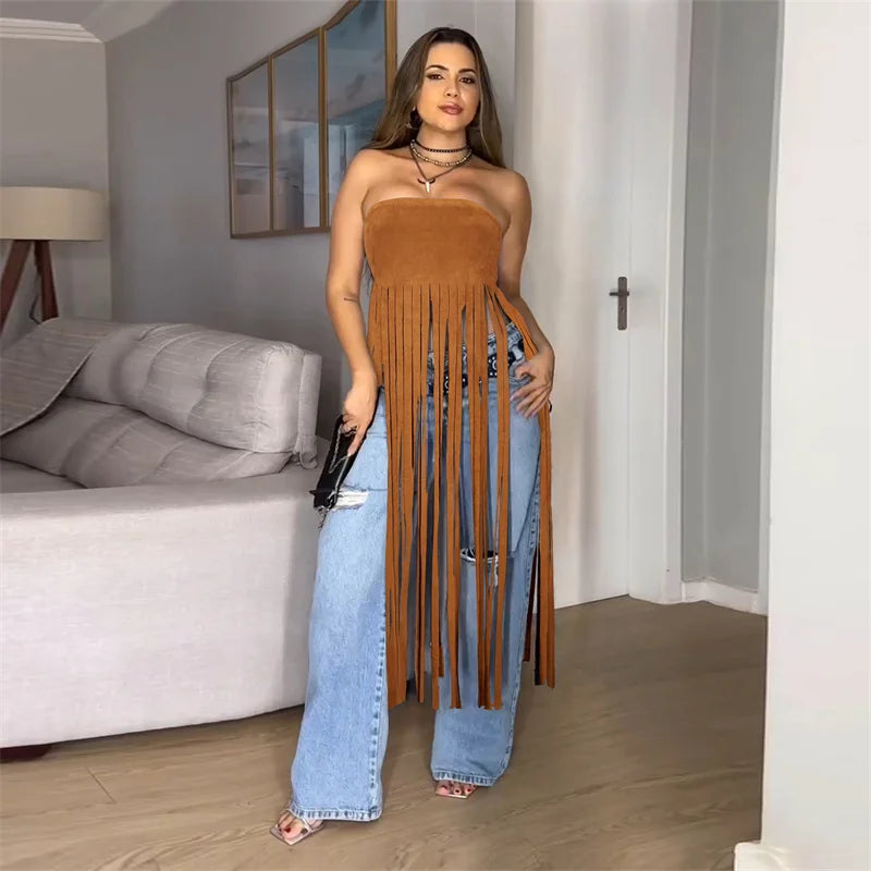 Doyerl Tassel Fringed Tube Strapless Tops Woman 2025 Y2K Clothes Harajuku Birthday Night Club Party Gothic Blusas Elegantes