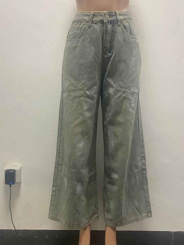 Mlaiscsr High Waist Silver Coating Baggy Jeans Straight Wide Leg Denim Pants Women's New Loose Trousers Y2K Metallic Clothing