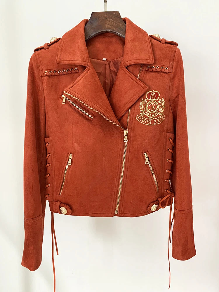 HIGH STREET Newest 2024 F/W Designer Jacket Women's Rope Lacing Up Logo Beaded Synthetic Suede Leather Motorcycle Biker Jacket