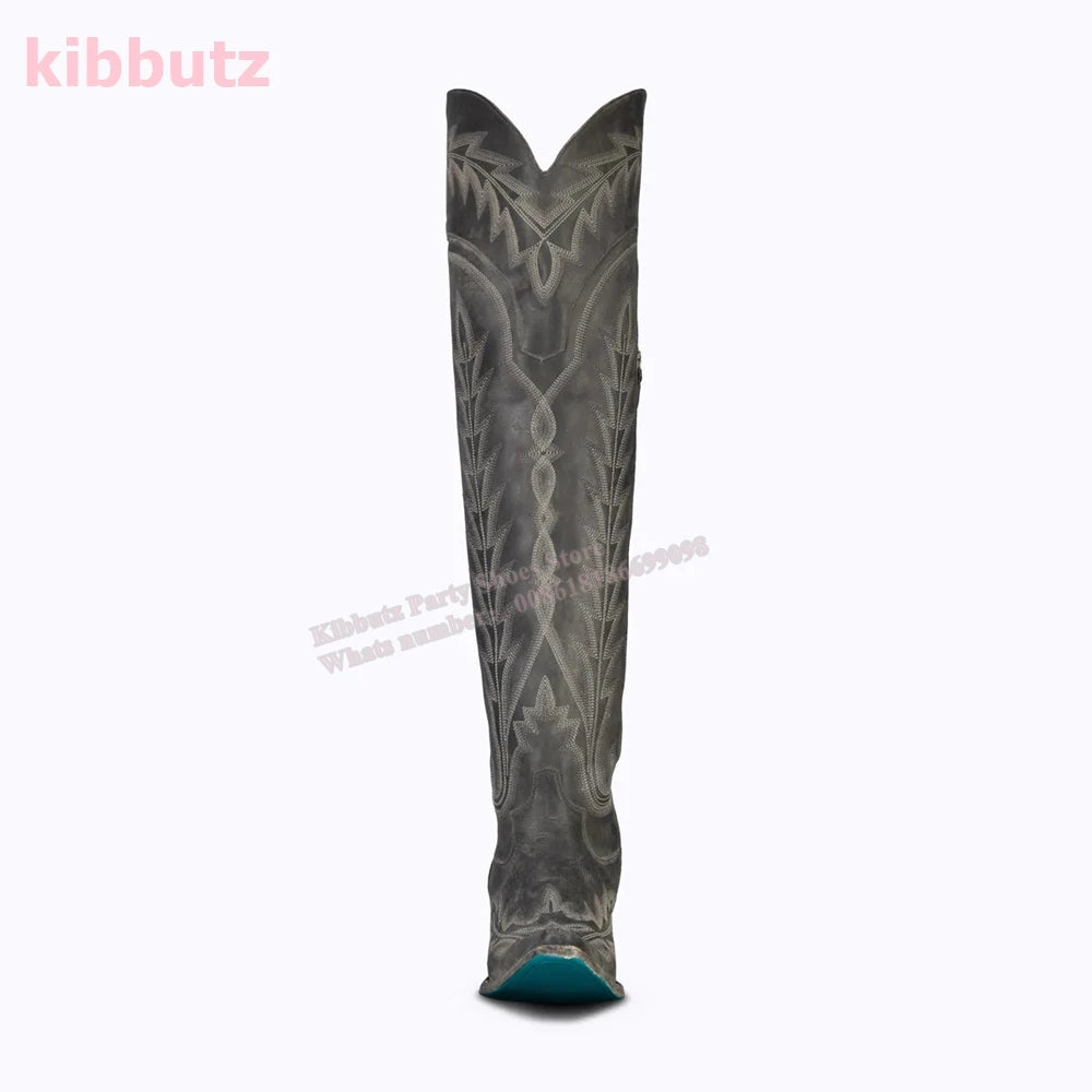Rivet Cowboy Vintage Boots Over The Knee High Embroidery Lace-Up Luxury Leather Pointed Toe Chunky Heels Fashion Concise Shoes