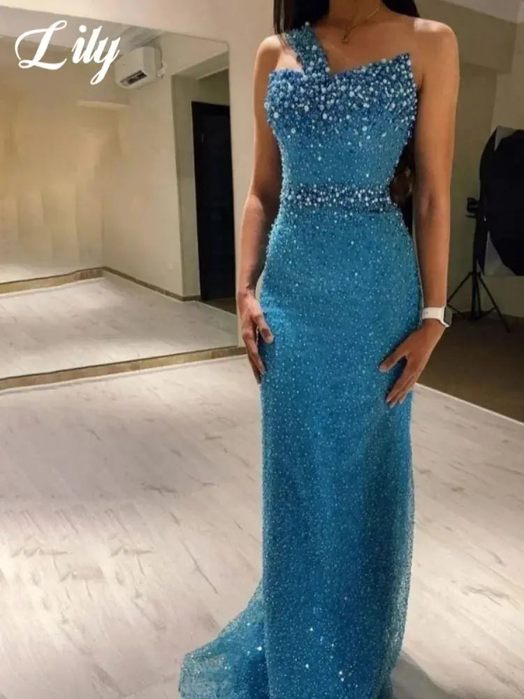 Lily Blue Gorgeous Rhinestones Prom Dresses One Shoulder Sleeveless Evening Dress Pearls Sequins Mermaid Party Gowns Customized