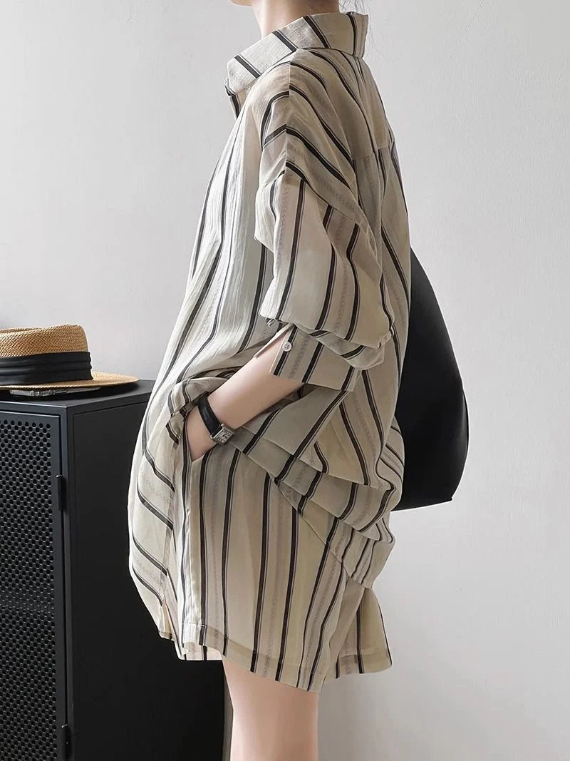 Striped Shirt Shorts And Suits Sun Protection cClothing Casual Sports Suit Women's Summer Fashion Shorts Two-Piece Set Female