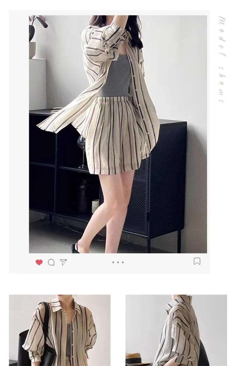 Striped Shirt Shorts And Suits Sun Protection cClothing Casual Sports Suit Women's Summer Fashion Shorts Two-Piece Set Female