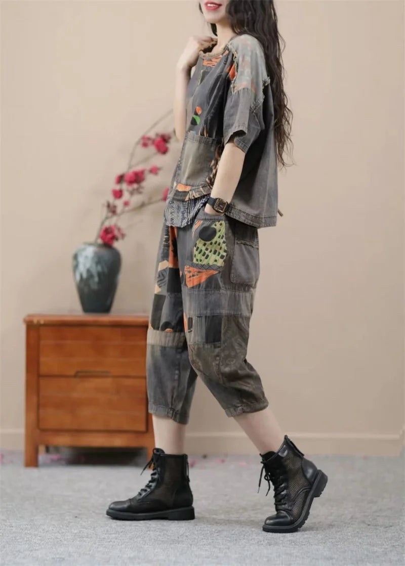 2024 Female Korean Ethnic Style Denim Harlan Pants Sets two-piece Women's Summer New Small Casual High-end Clothing Printing Set