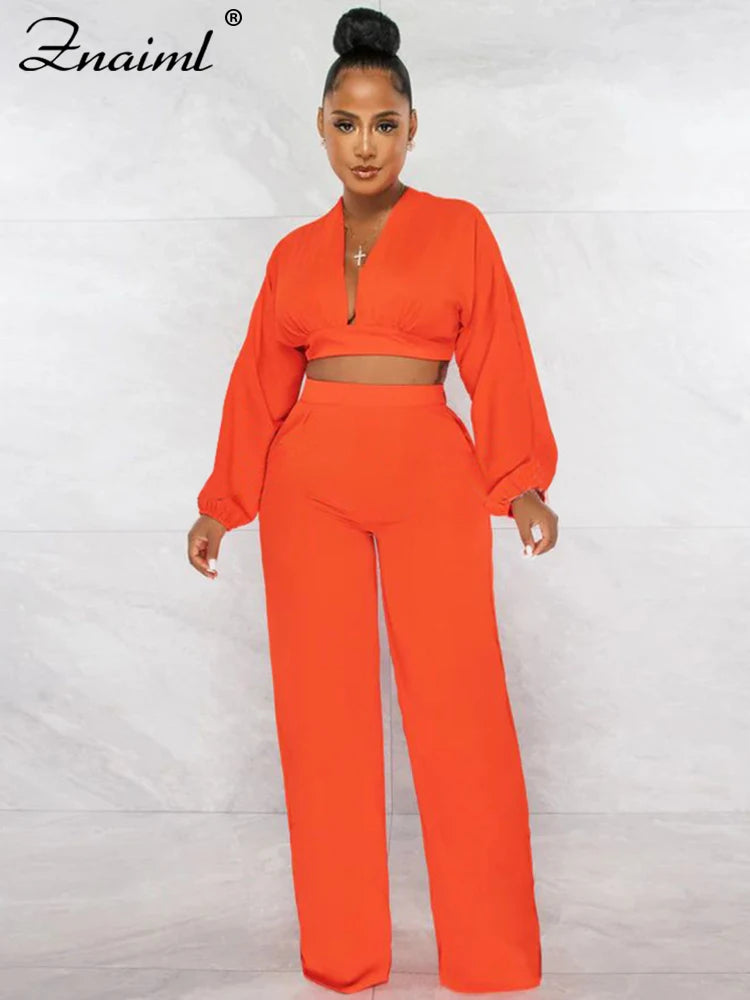 Znaiml Casual Green Two 2 Pieces Wide Leg Pants Sets Women‘s Long Sleeve Deep V-neck Crop Tops and Trousers Birthday Club Outfit