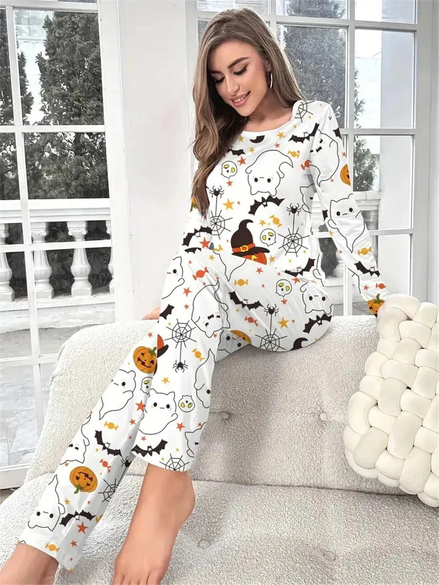 Women Pajama Sets Halloween Ghosts and Pumpkin Print Spooky Outfits Sleepwear Long Sleeve Round Neck Tops Long Pants Suits Pjs