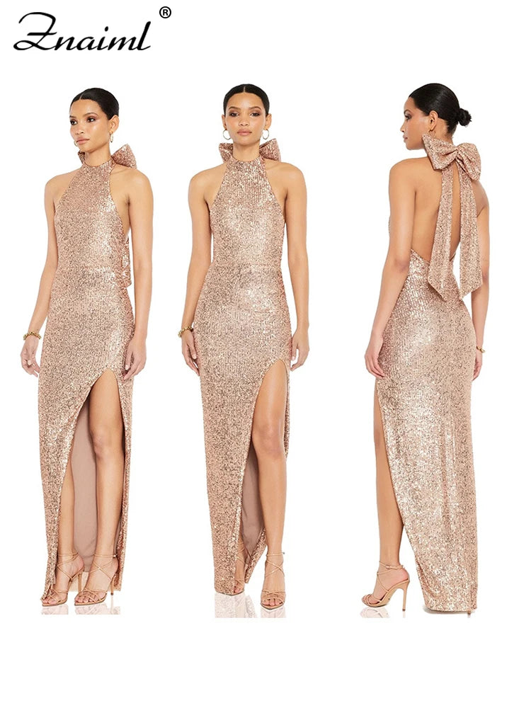 Znaiml Elegant Luxury Sequin Halter Big Bow Backless Long Dresses Women Sleeveless High Split Birthday Evening Wedding Vestidos