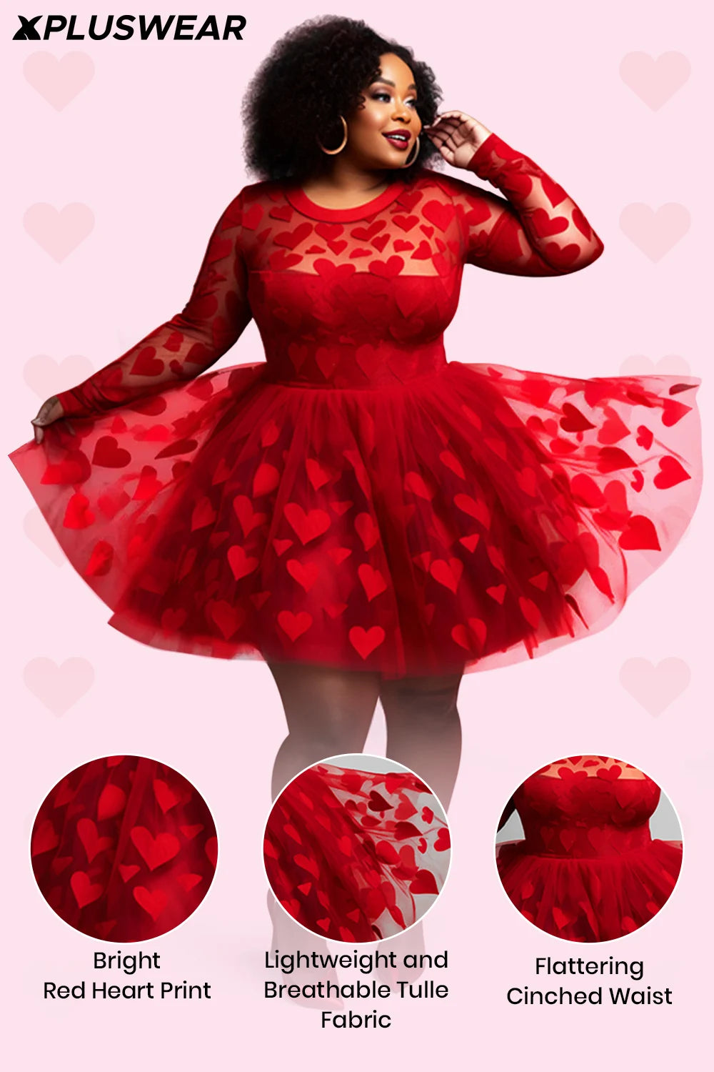 Plus Size Cocktail Party Red Graphic Round Neck Long Sleeve See Through Tulle Mini Dresses