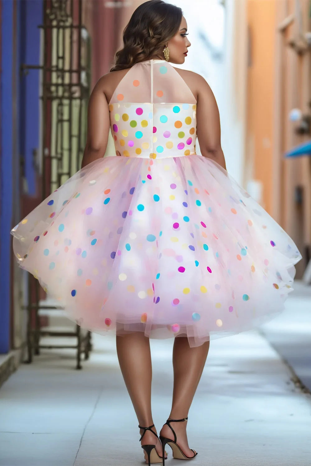 Plus Size Women's Party Pink Polka Dot Round Neck Tulle Midi Dresses