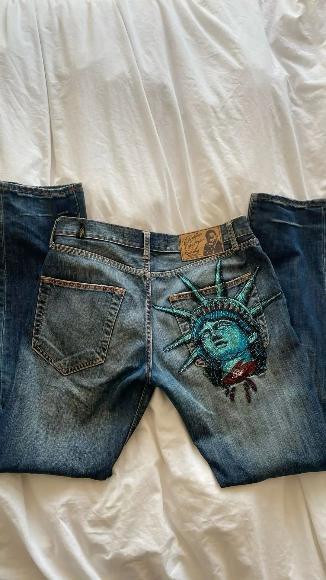 Y2k 2000s Statue of Liberty Klein Stone Jeans Pocket Hip Hop Pattern Embroidery Denim Pants High Waist Straight Wide Leg Jeans