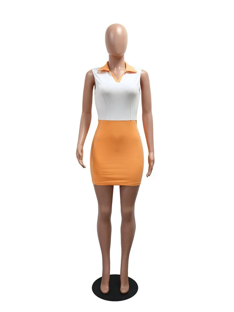 2025 Summer Women's Contrast Patchwork Lapel Sleeveless Bodycon Sporty Mini Dress Holiday Casual Comfort Streetwear S-XXL