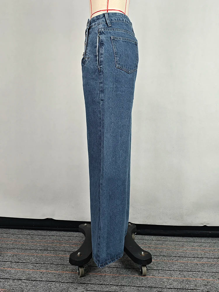 Beautyblue Fashion Women's Jeans Button Baggy Denim Jeans Pants High Waist Casual Classic Blue Wide Leg Trouser Female Y2K Punk