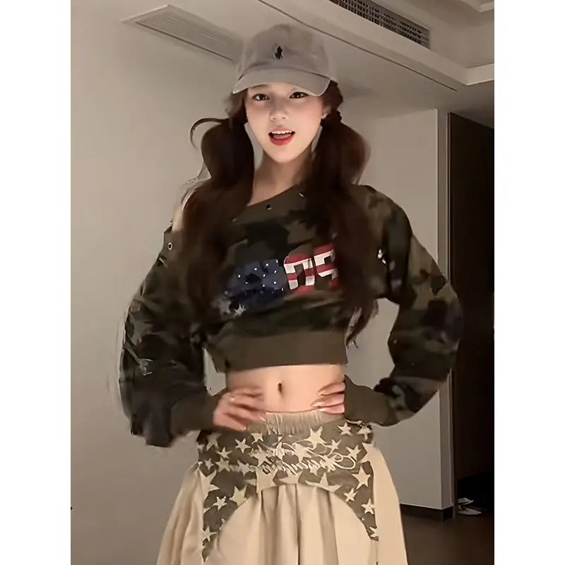American Retro Letter Camouflage Slanted Shoulder Long Sleeve Sweatshirt Fashionable Streetwear Long-sleeved Sweatshirt