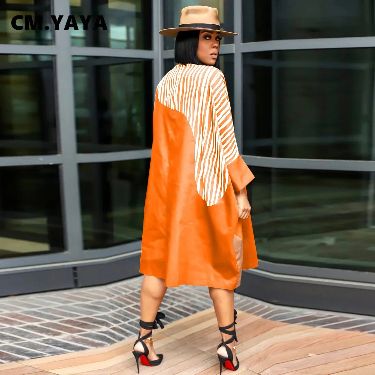 CM.YAYA Elegant Patchwork Women Long Sleeve Single Breasted Loose Shirt Dress Street Fashion Slim Striped Smock INS Dresses
