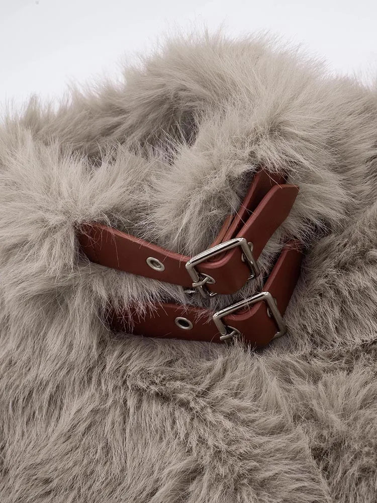 Weird Puss Sexy Furry Tank Tops Women Autumn Trend Patchwork Zip Metal Leather Buckle Slim Hottie Wild Street Clubwear Waistcoat