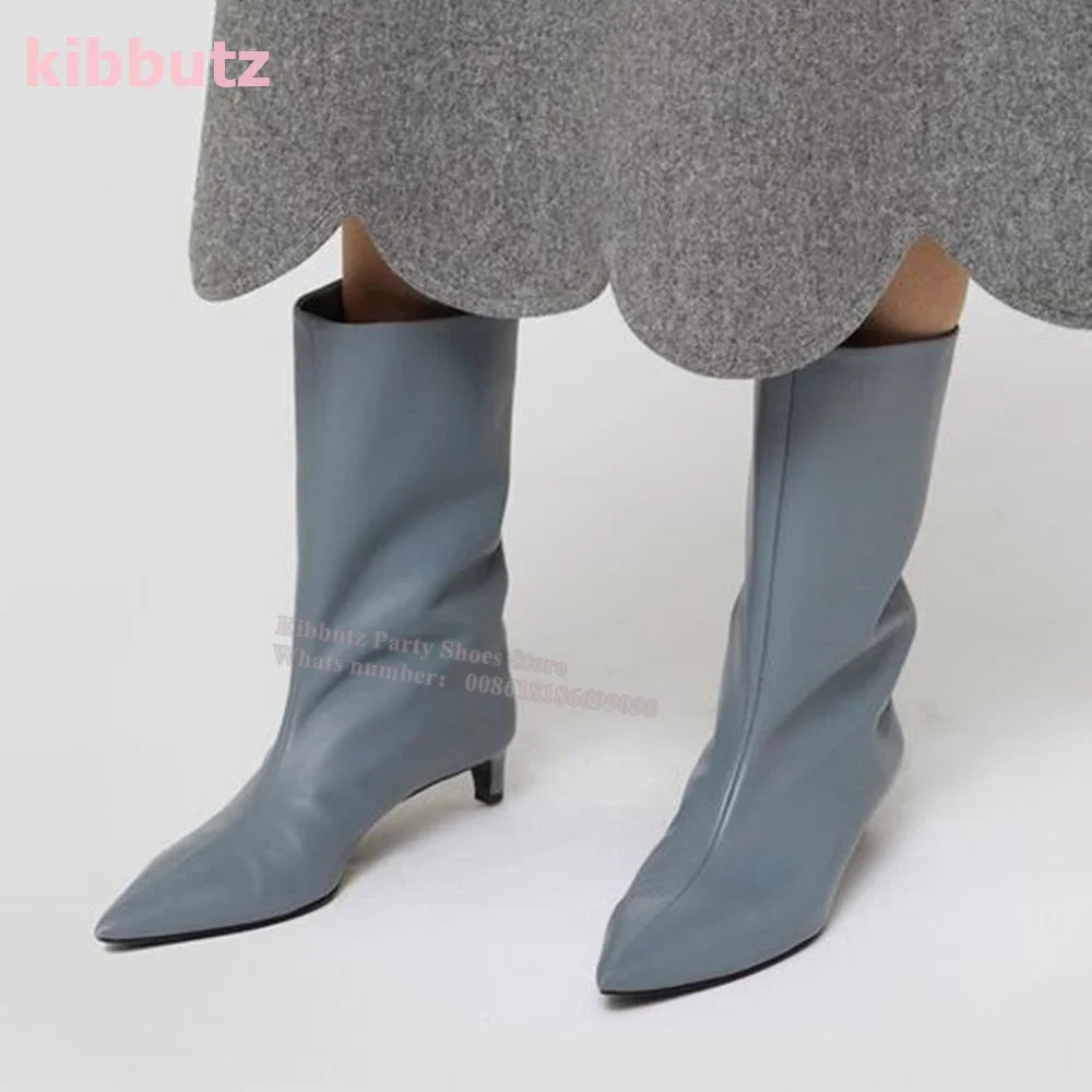 Novelty Leather Mid Calf Boots Chelsea Pointed Toe Kitten Heel Wide Mouth Sleeve Slip-On Solid Color Fashion Sexy Elegant Women