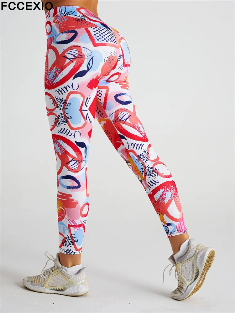 FCCEXIO Hot New Women Leggings Red Lip Love Digital Print Patchwork Fitness Legging Push Up Workout Leggins Pants Sexy Pants