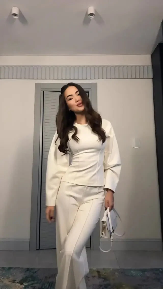Elegant Women Casual Solid Pants Suits Round Neck Full Sleeve Shirt Wise Leg Straight Pant Suit Lady New Basic 2 Pieces Set 2025