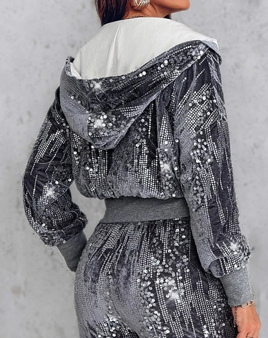 Fashion Sequin Jacket Women Clothing Hooded Y2k Casual Velvet Contrast Daily Long Sleeve Zip Up Coats for Female Streetwear