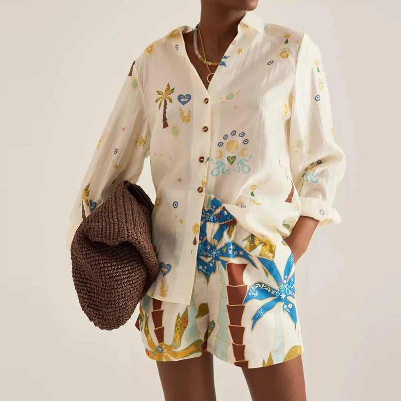 2025 Vacation Loose Outfit Spring Summer Pattern Printed Long Sleeved Two Piece Set Women Lapel Button Up Shirt and Shorts Suit