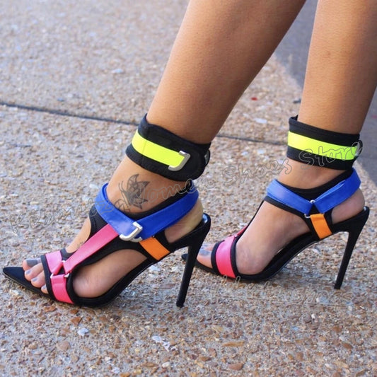 Hook&loop Patchwork Sandals Buckle Strap Pointy Thin Heels Fashion Luxury Elegant Comfortable Novelty Women Shoes Newest Leather