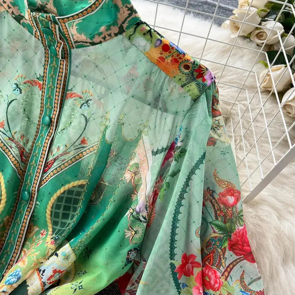 Women's Turtleneck Lantern Sleeve Single Breasted Flower Print Maxi Dress Autumn Bohemian Chiffon Green Belt Holiday Vestidos