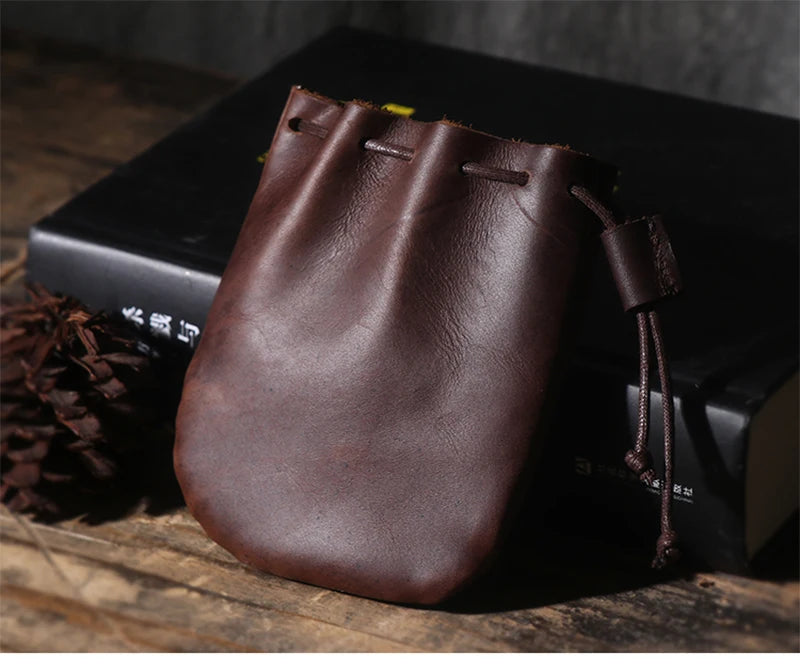 LUOKIR Men's Genuine Leather Coin Purse Simple Vintage Small Card Bag Women's Cowhide Wallet Keys Money Drawstring Storage Bags