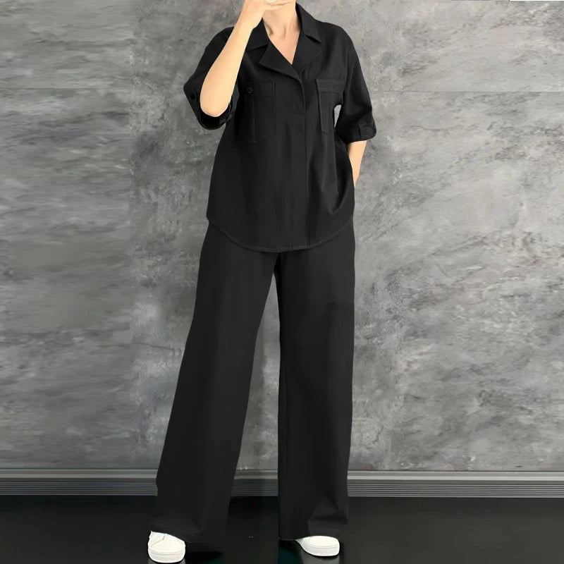 Loose Blouse And Wide Leg Pants Set