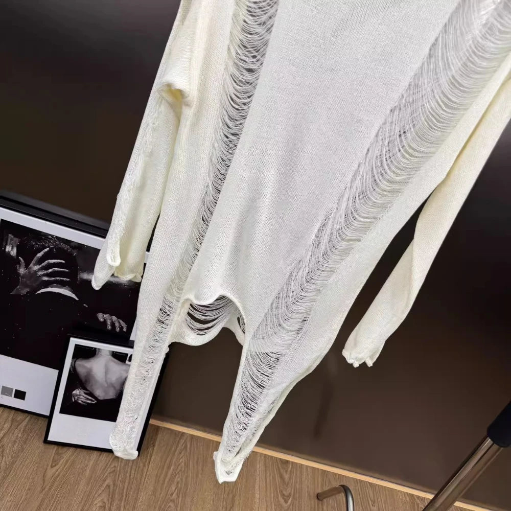 VGH Streetwear Spliced Hollow Out Summer Knitwear for Women Round Neck Long Sleeve Patchwork Asymmetrical Designer Tees Female