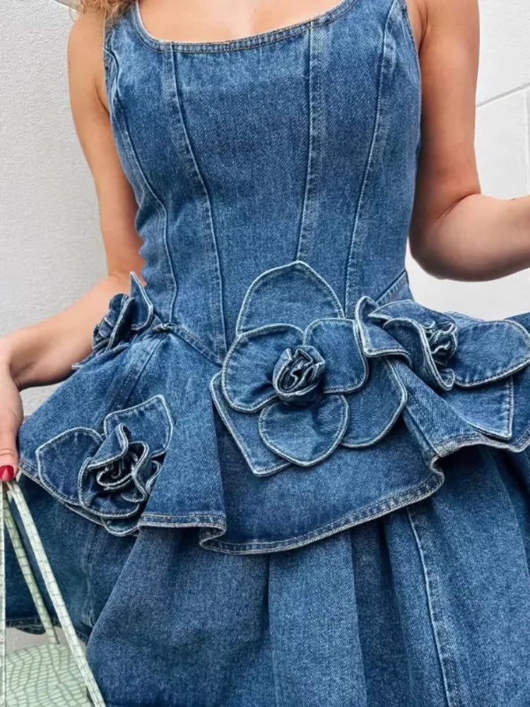 Chic Summer 3d Floral Denim Mini Dress Vintage A Line Halter High Street Sling Dress Vesidos Fashion New Lady Clothing Dress