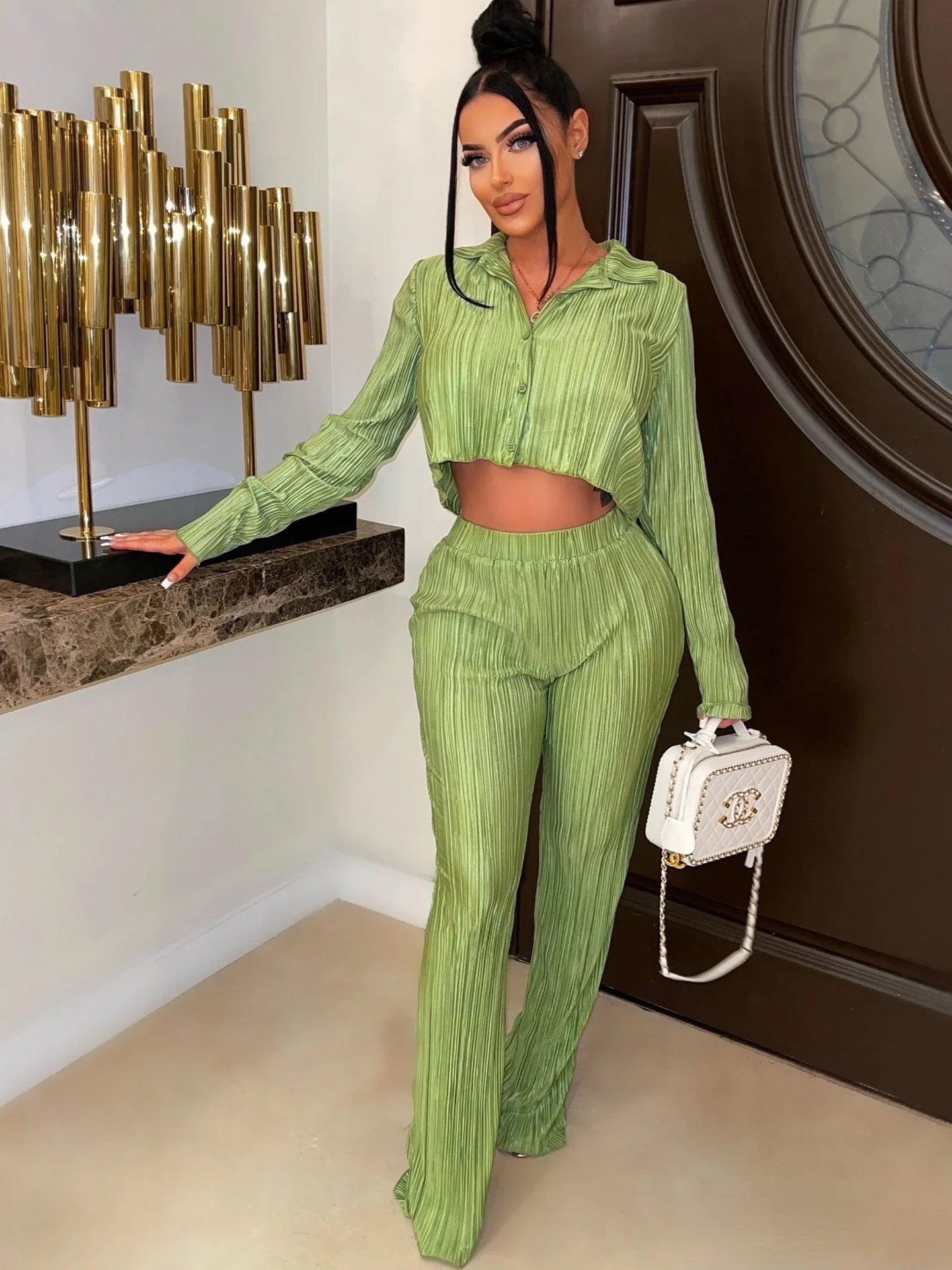 CM.YAYA Street Pleated Women's Set Long Sleeve Mini Blouse Shirt and Straight Pants Suit 2023 Two 2 Piece Set Outfits Tracksuit