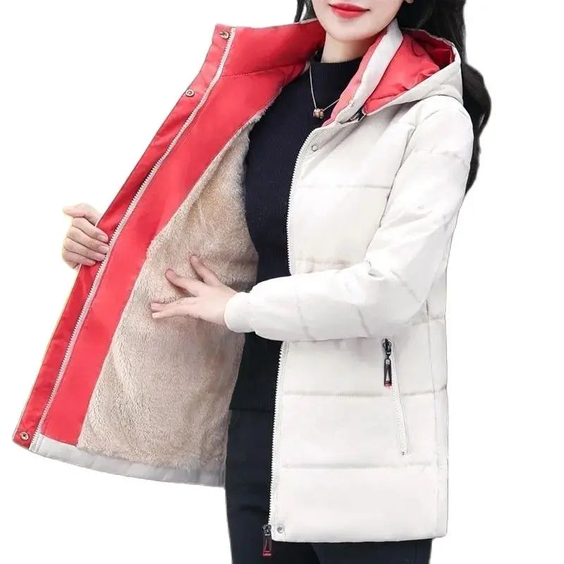 Detachable Hooded Parka Windproof jacket Female's winter jacket plush and Thickened High-End Women's Short Cotton Coat Patchwork