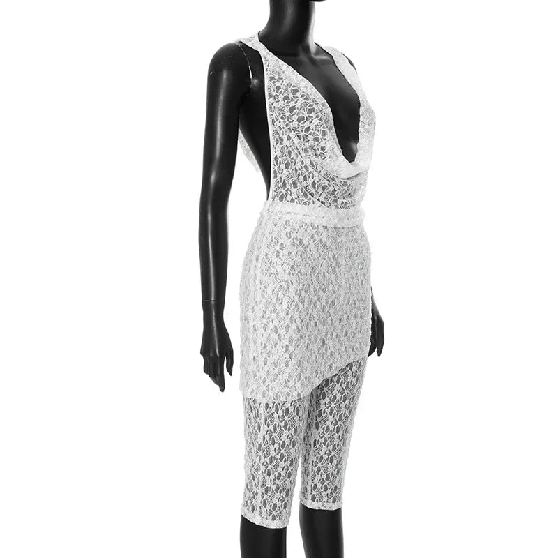 Elegant Lace See Through 2 Piece Set Woman Hooded Halter Swing Collar Large Backless Tops Skirt & Pants Suit Party 2025 Summer