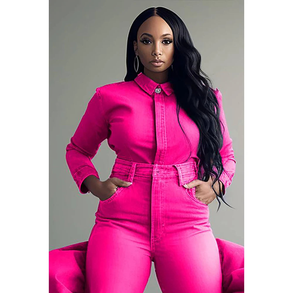Plus Size Women's New Daily Casual Blue Pink Spring and Autumn Solid Color Casual Button Long Sleeve Denim Blouse