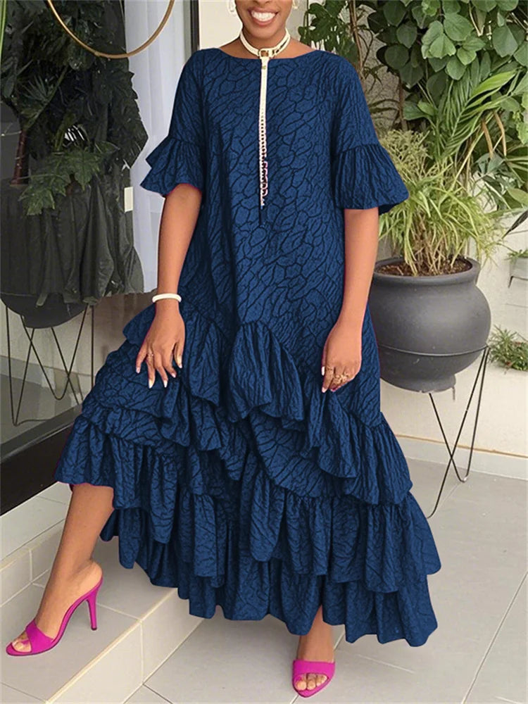 UOOZEE Women Fashion Printed Ruffle Trim Layered Pleated Maxi Dresses Flared Sleeves Elegant Evening Banquet Long Dress 2025 New