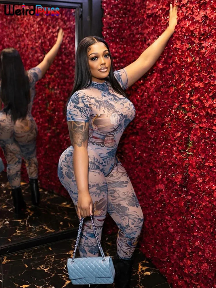 Weird Puss Serpentine Jumpsuit Women See Through Backless Short Sleeve Sexy Fit Summer Workout Overalls Stretch Button Clubwear