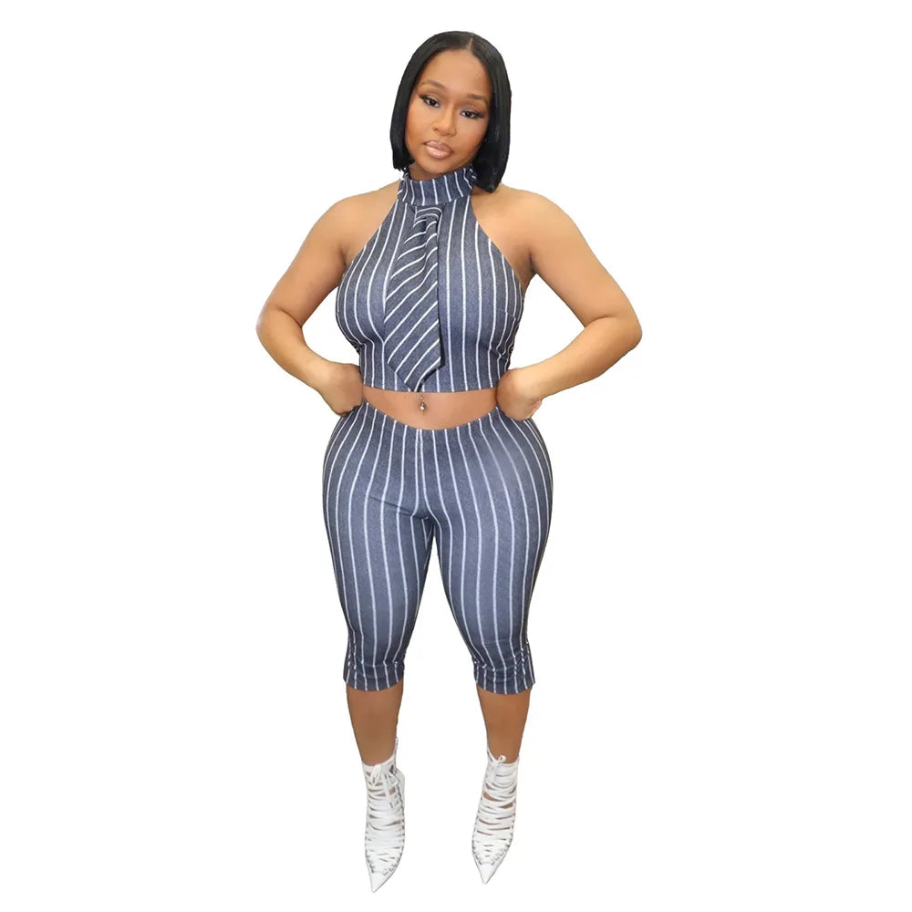 CM.YAYA Striped Printed Women's Set Sleeveless Necktie Tops and Leggings Pants 2025 Sexy Party Two 2 Piece Sets Outfit Tracksuit