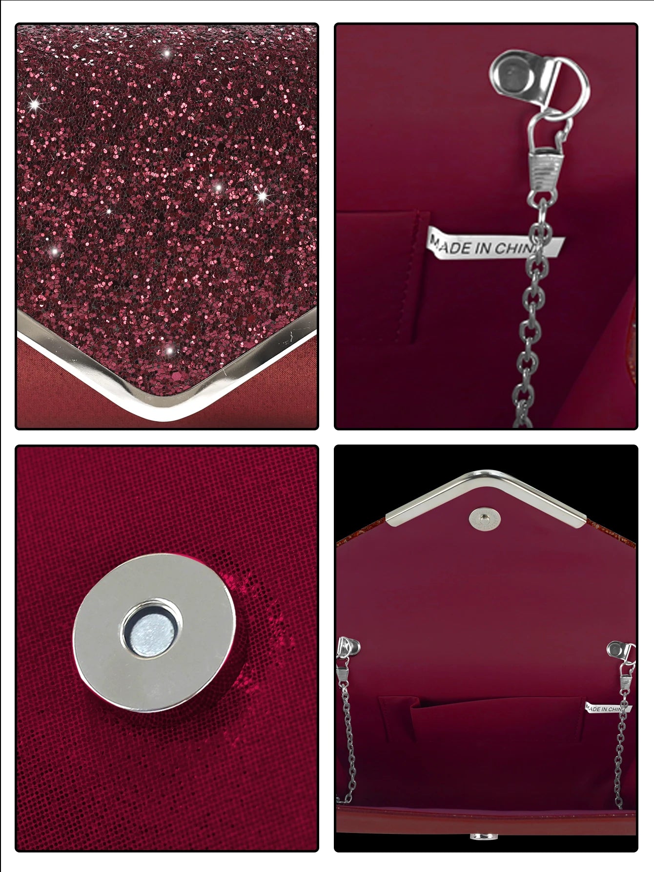 Sparkling and luxurious sequined evening clutch for women, paired with a gorgeous rhinestone necklace, earrings and bracelet set