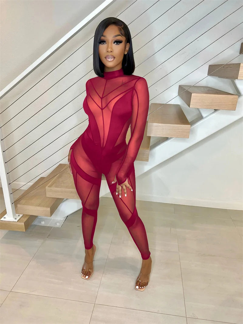 Sexy Sheer Mesh Jumpsuits Women Party Club Outfits Skinny Patchwork Long Sleeve See Through Rompers Womens Jumpsuit Midnight