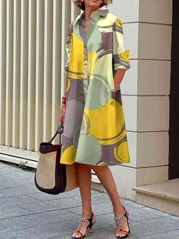 Fashion Women‘s T-shirts Dress Long Sleeves Buttoned 2025 Autumn Summer Casual Printed Lapel Shift Midi Daily Dresses for Ladies