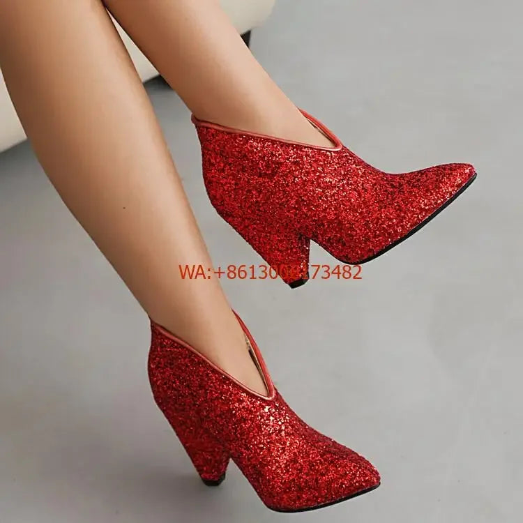 New Blingbling Pointed Toe Women Chunky Spike Heel Sequins Ankle Boots V Open Slip On Spike Heel Pointy Sequined Boots Size 43