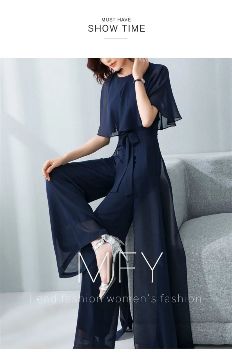 Lotus Leaf Sleeve Jumpsuit Women's Summer Long 2023 New Chiffon Jumpsuit Wide Leg Set Temperament Jumpsuit Female Bodysuit Blue
