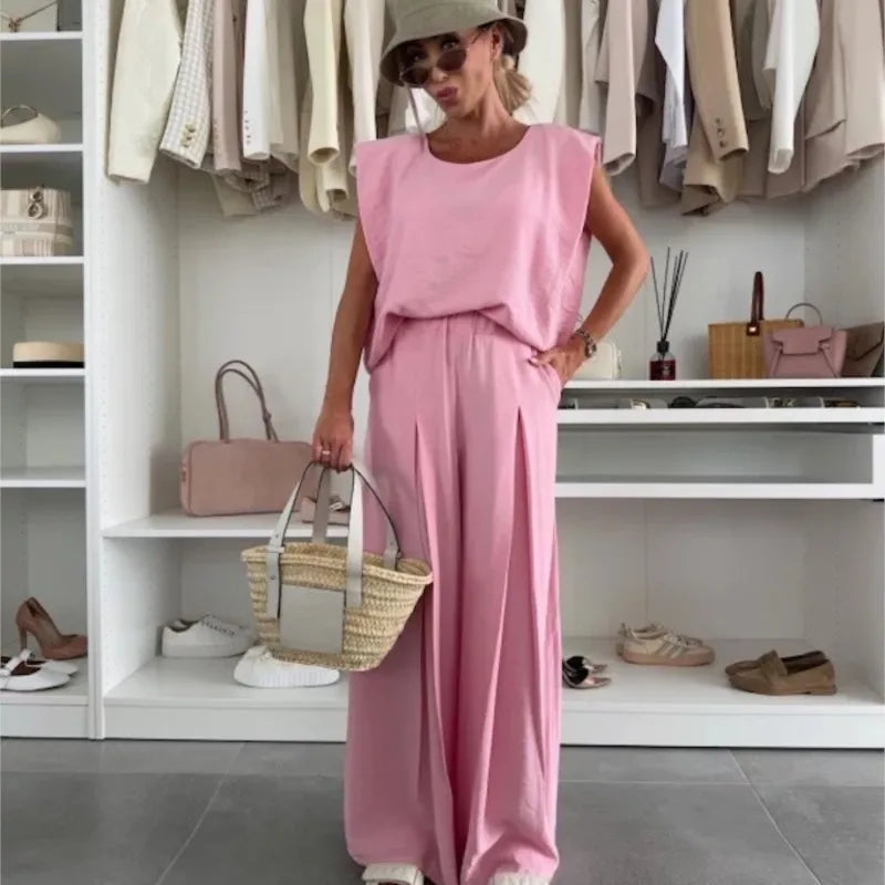 Women's Casual 2-Piece Set Crew Neck Sleeveless Top Wide Leg Pants Set Summer Casual Loungewear Outfit for Travel Vacation