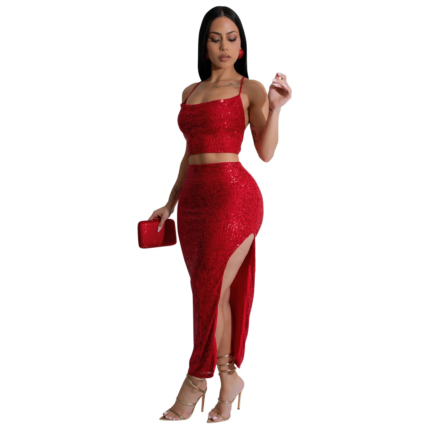 CM.YAYA Women Strapless Sleeveless Sequined Top + Long Skirt Suit 2025 Street Sexy Party Matching Two 2 Piece Dress Sets Outfit